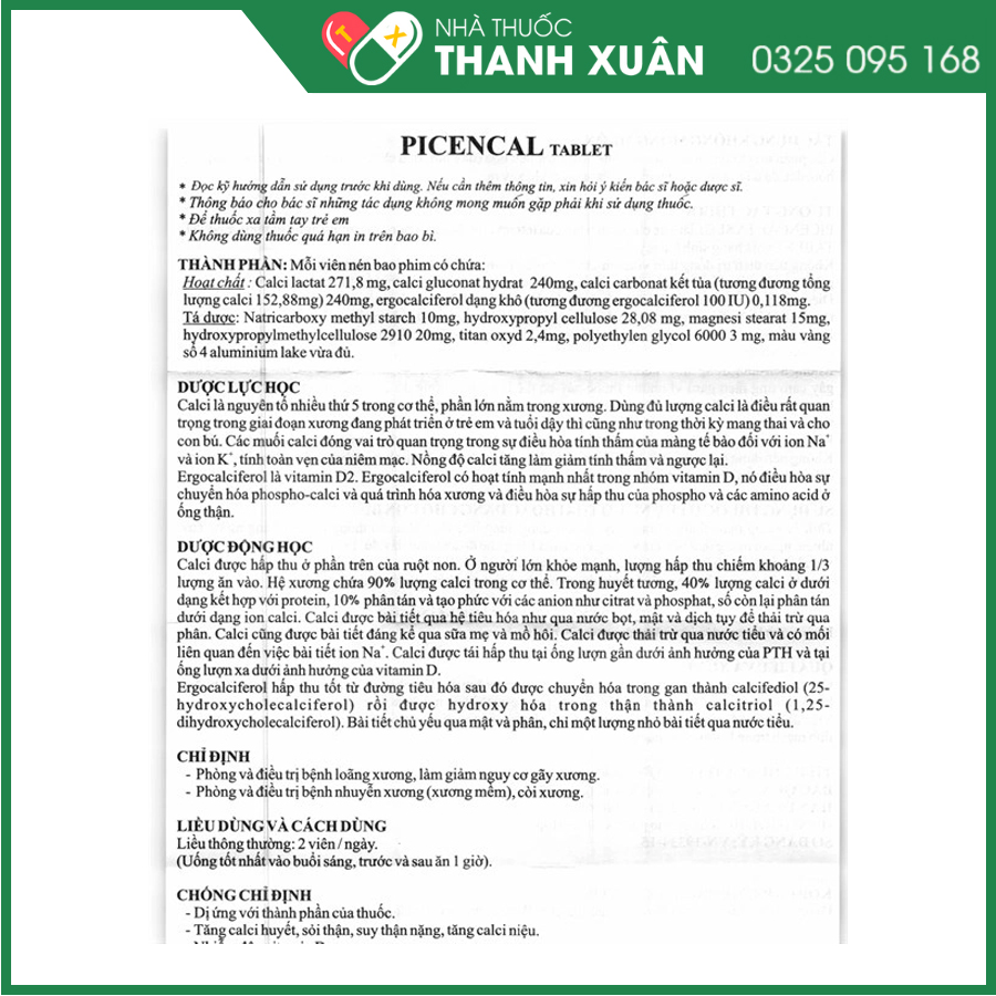 Picencal phòng và điều trị bệnh loãng xương, nguyễn xương, còi xương